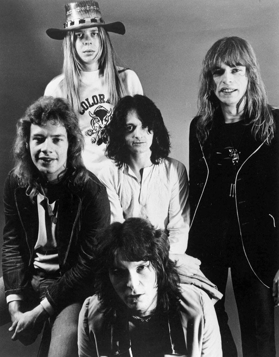 Five members of Yes in a black-and-white 1972 press photograph