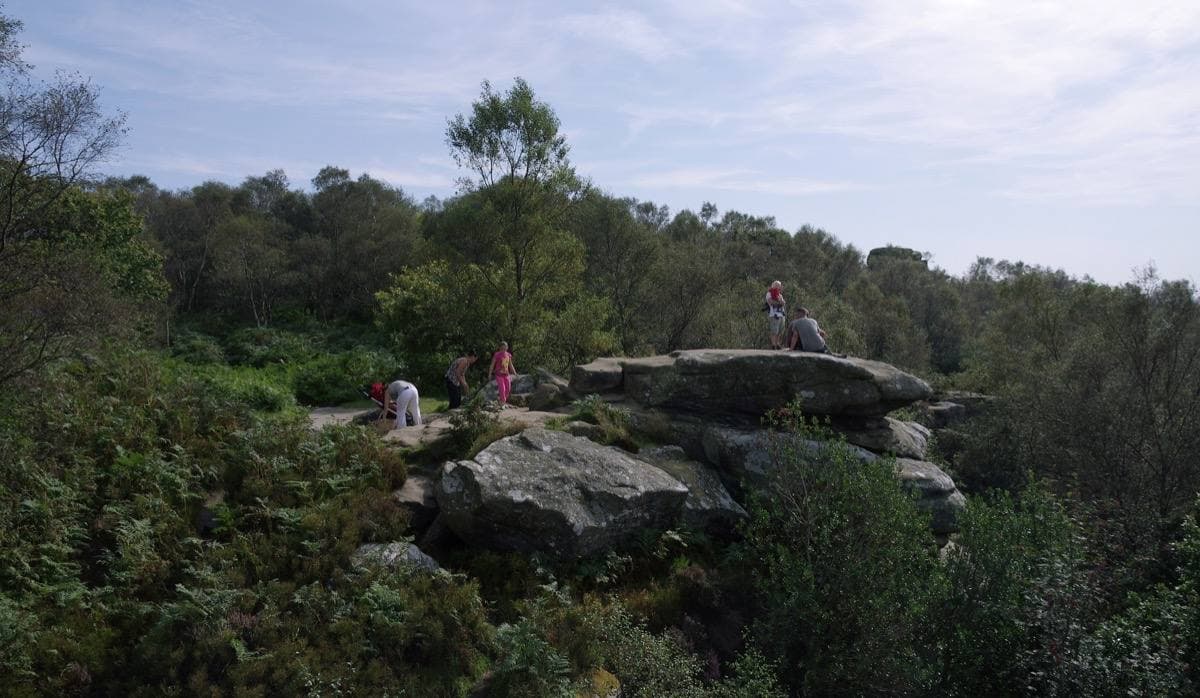 Weathered gritstone towers on the moor at Brimham Rocks