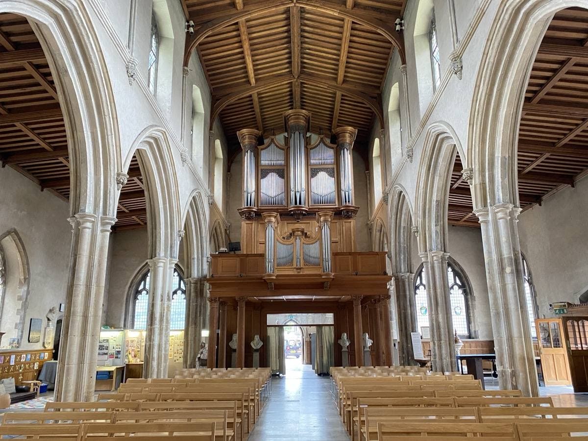 The nave of St Giles Cripplegate looking towards the organ