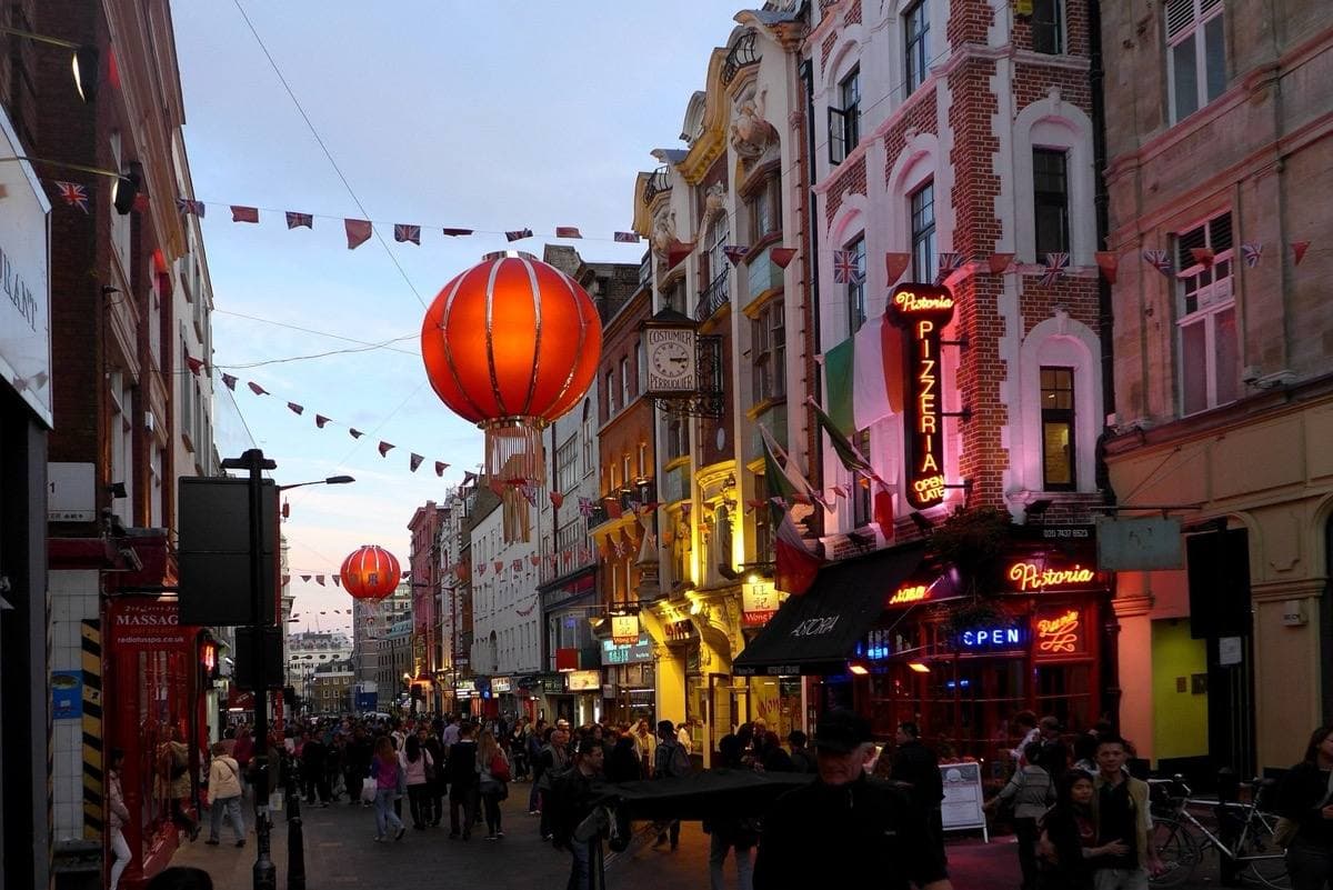 Wardour Street in Soho with shops and pedestrians