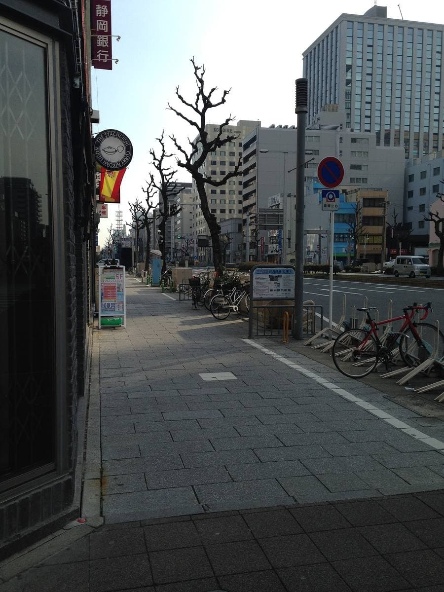 A broad pavement along Nishiki-dori in Nagoya, office towers and bare trees along the road