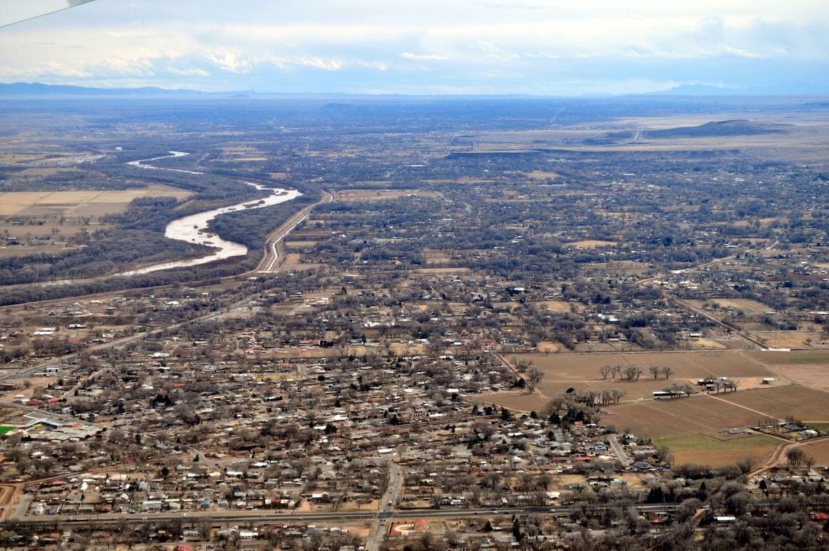 Low houses, yards and cottonwoods in the South Valley seen from above in winter light