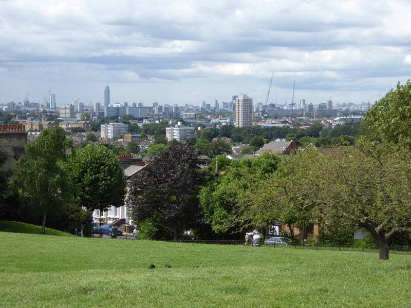 London's skyline seen across trees from a hilltop park