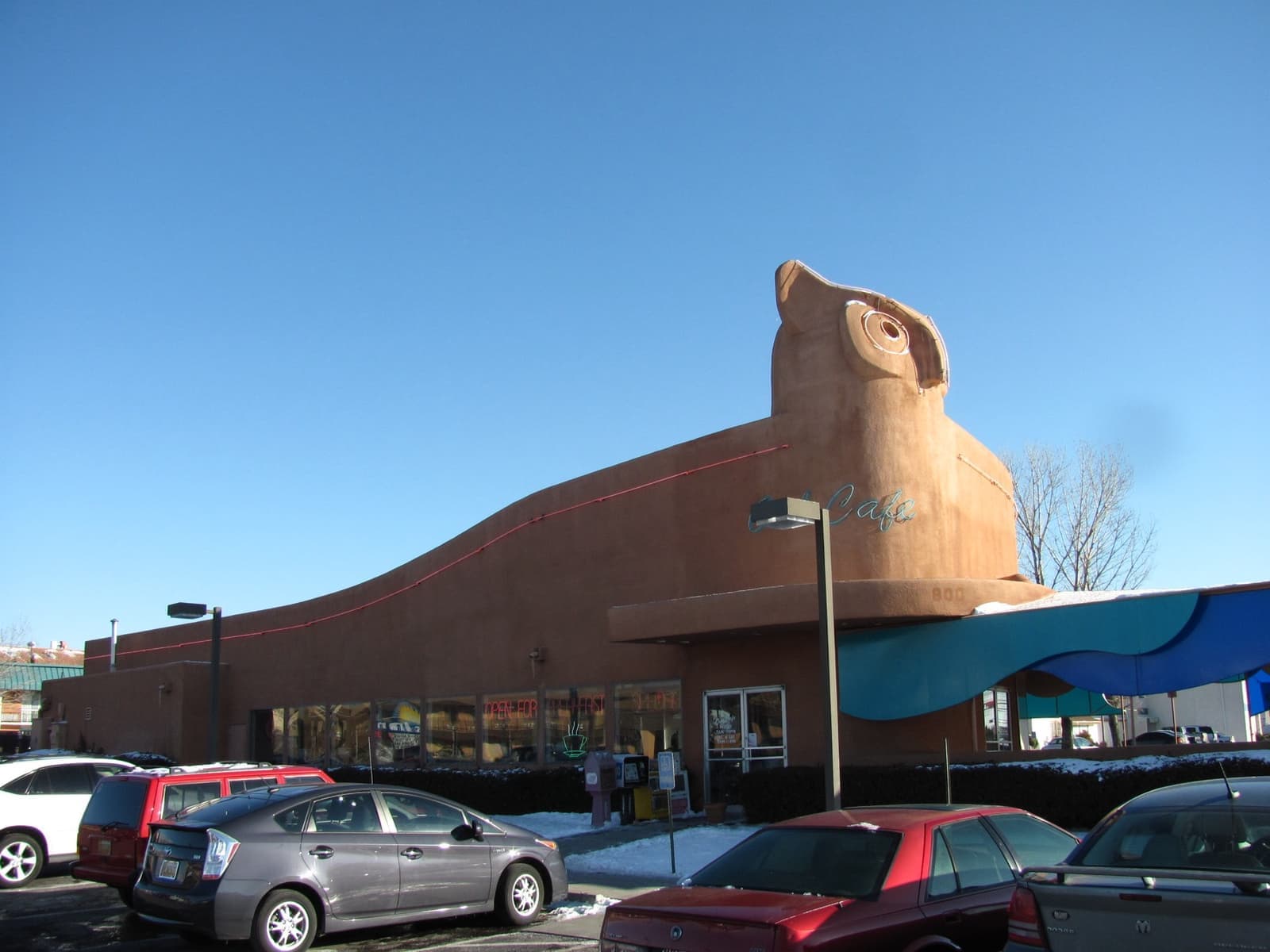 A diner whose front rises into a giant owl