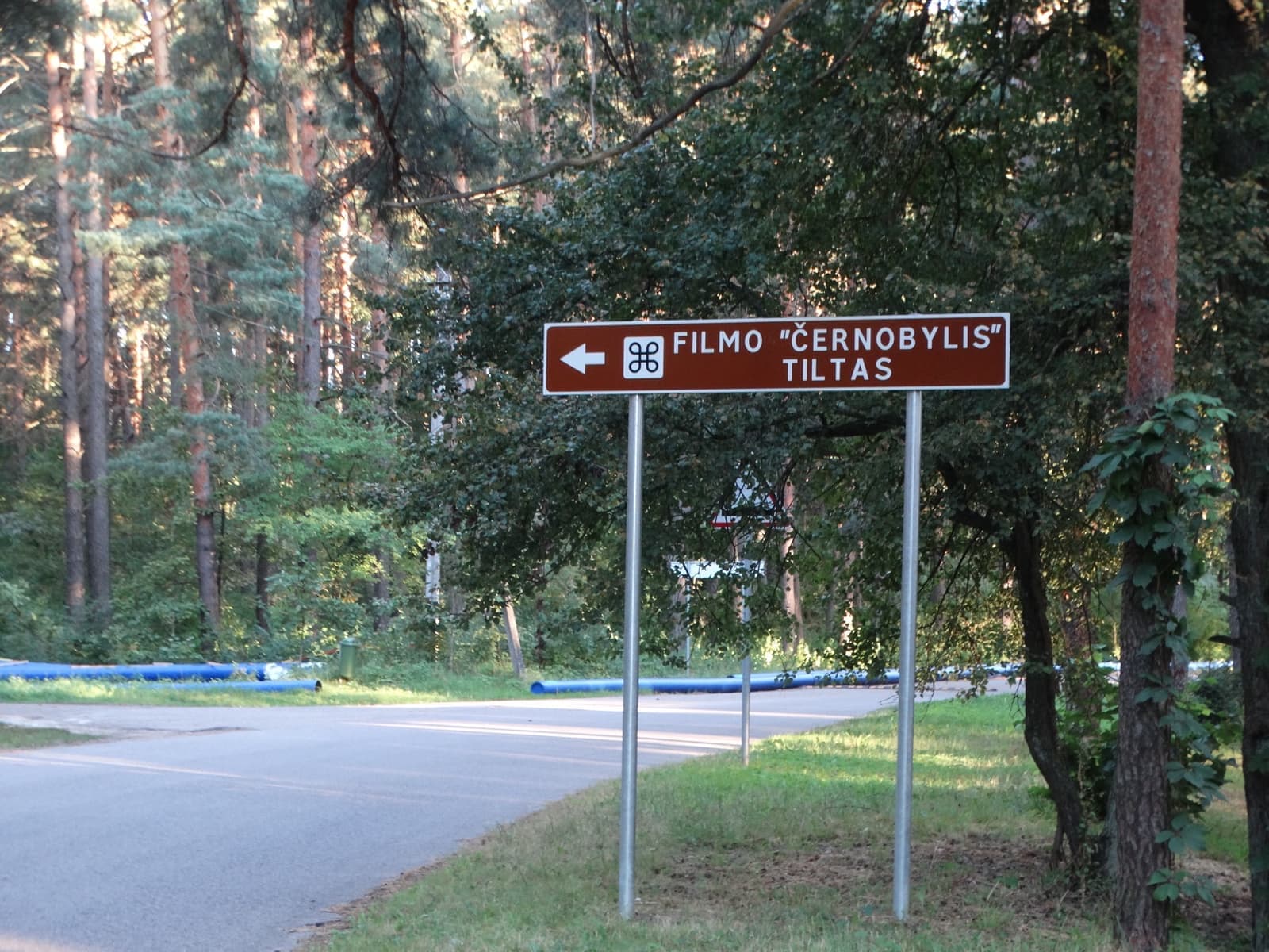 A brown tourist sign reading Filmo Černobylis tiltas beside a road in pine woods