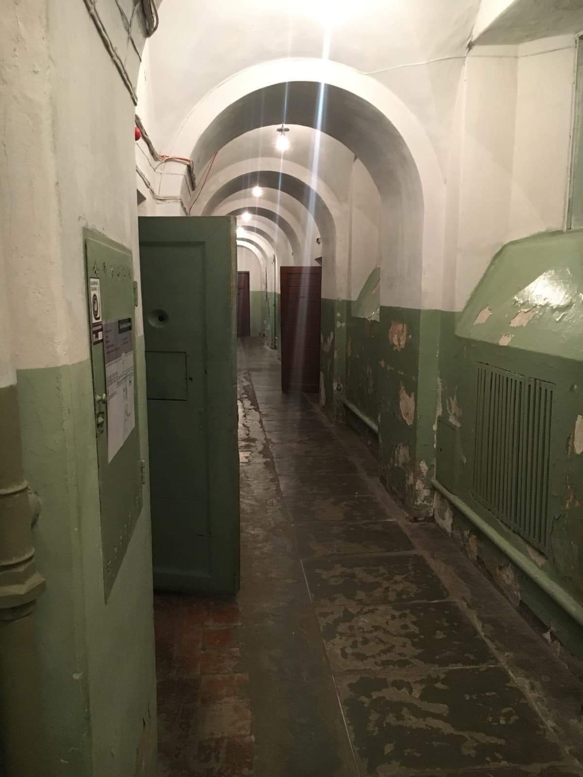 A narrow vaulted prison corridor with green cell doors