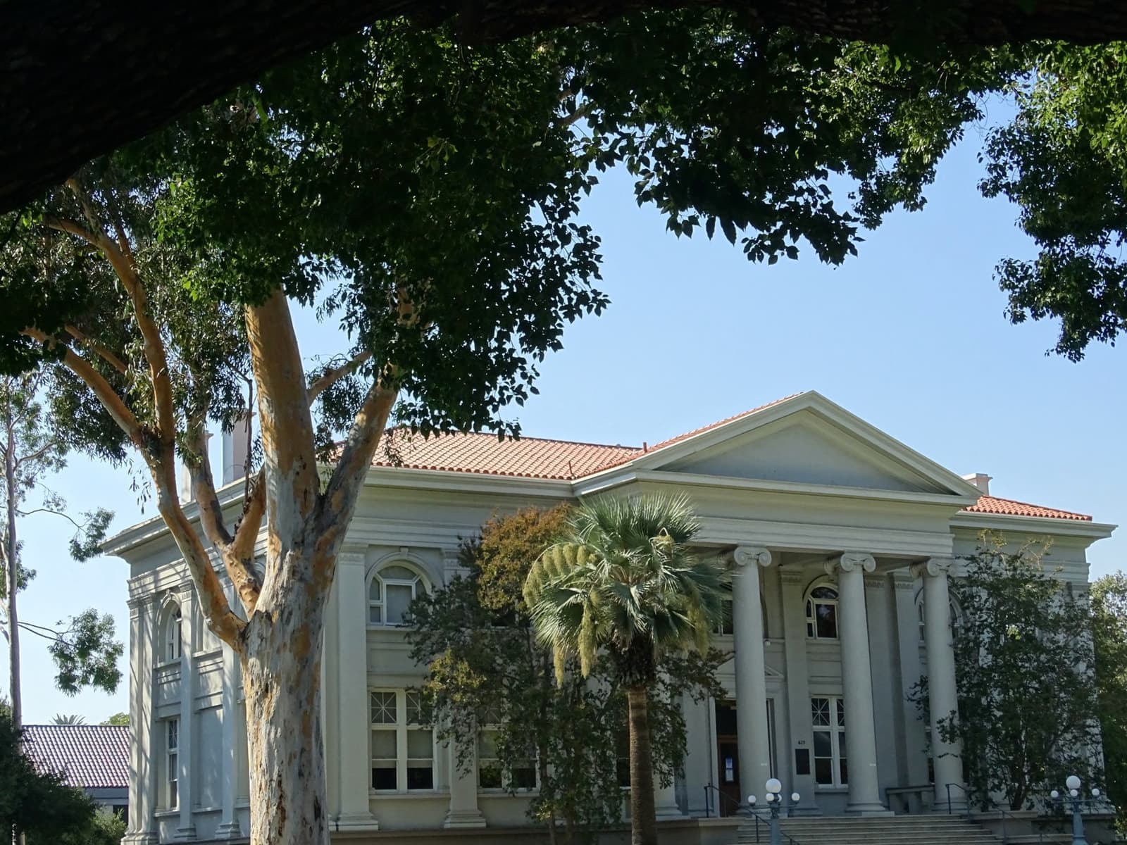 The classical columned front of the Carnegie Building at Pomona College