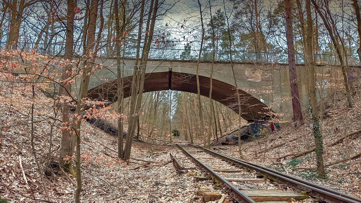 A brick arch bridge over two rusting rail tracks in a bare winter wood