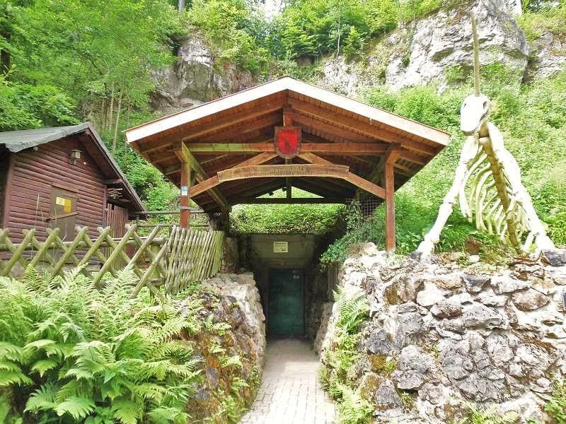 A timber porch over a stone stairway leading down into a rocky hillside, ferns around it