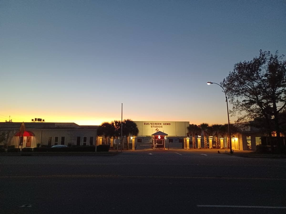 The entrance and sound stages of the Wilmington studio lot