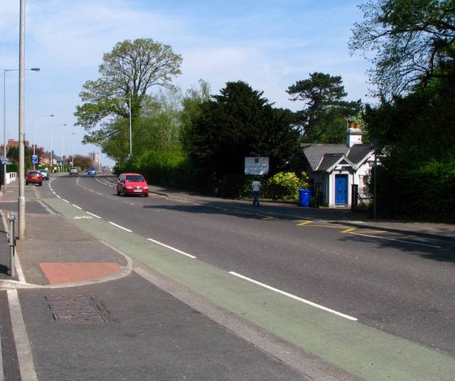 A wide suburban road with a cycle lane and trees