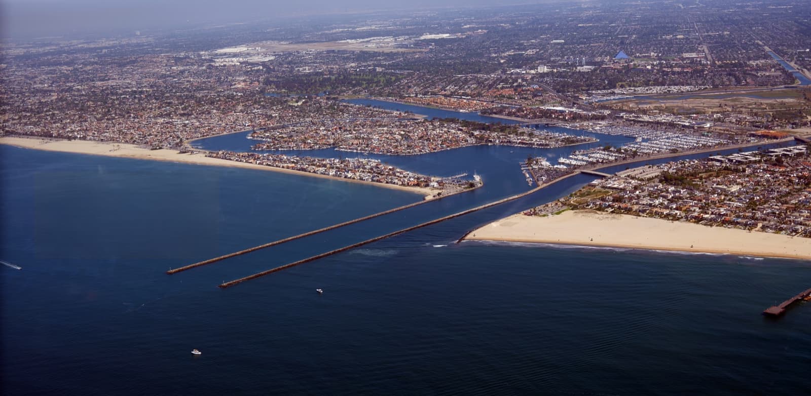 An aerial view of Alamitos Bay’s marinas and channels in Long Beach