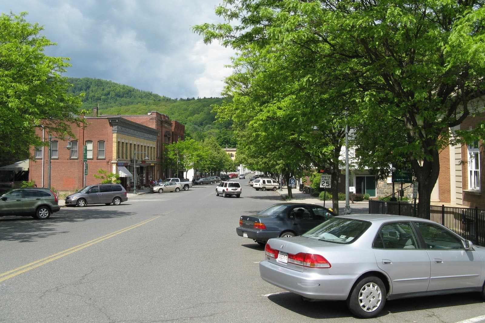 A small-town main street of brick shopfronts with wooded hills behind