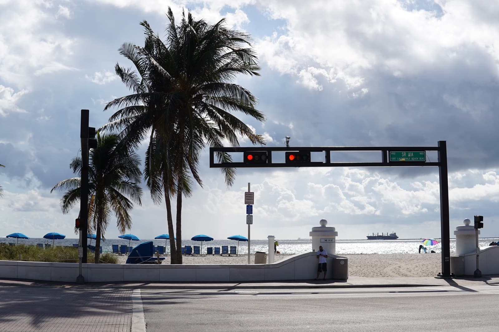 Palms and a beach crossing on Fort Lauderdale Beach Boulevard