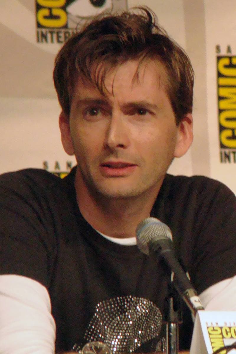 David Tennant, with tousled dark hair, at a panel microphone