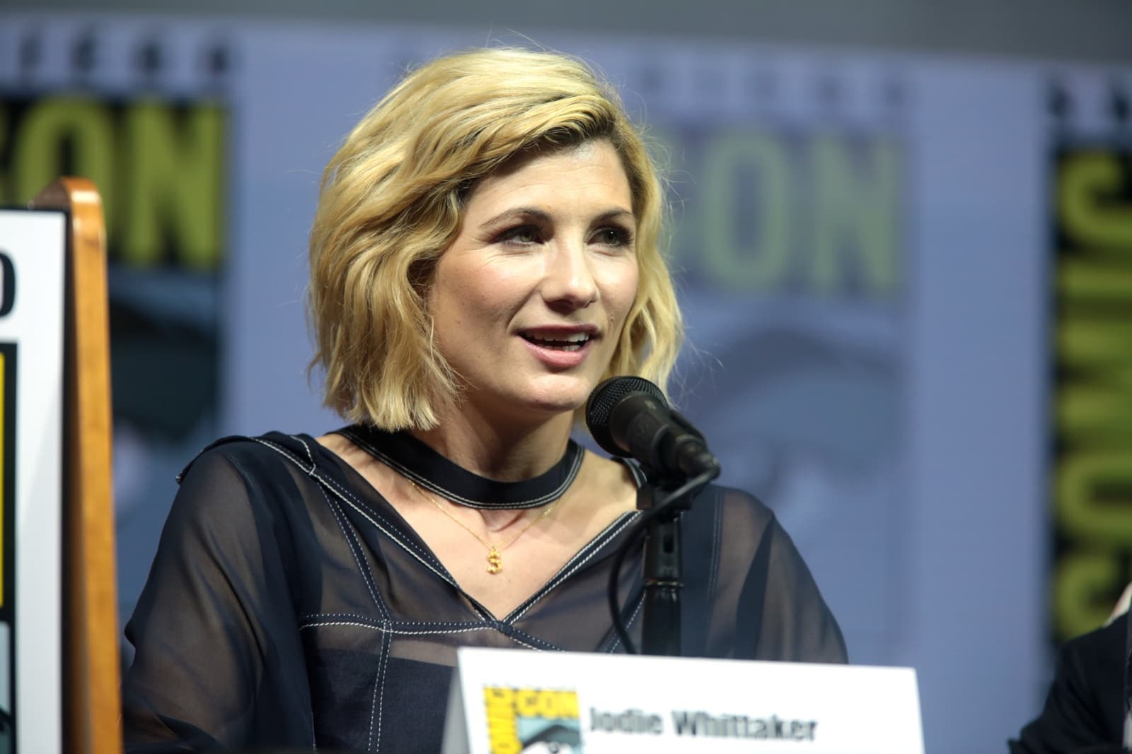 Jodie Whittaker speaking at a panel