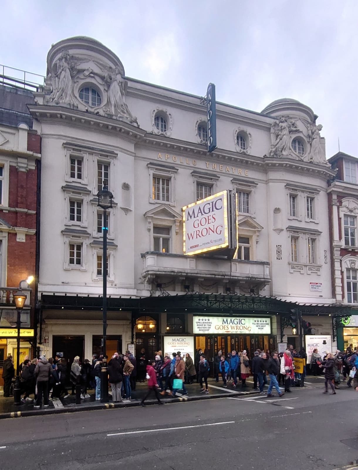 The ornate front of the Apollo Theatre on Shaftesbury Avenue