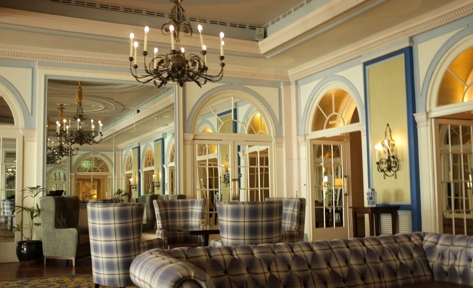 The long white front of the Imperial Hotel above the sea in Torquay