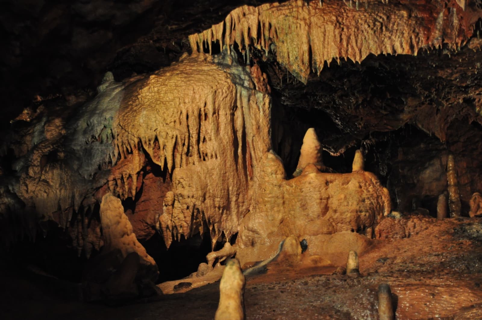 Lit limestone formations inside Kents Cavern