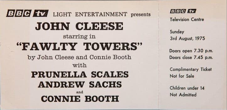 A printed 1975 complimentary ticket for a Fawlty Towers studio recording at Television Centre