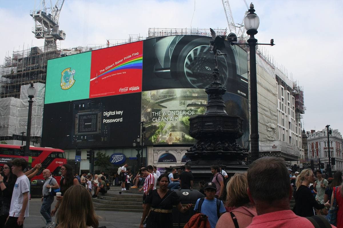 Crowds at Piccadilly Circus under the big illuminated advertising screens