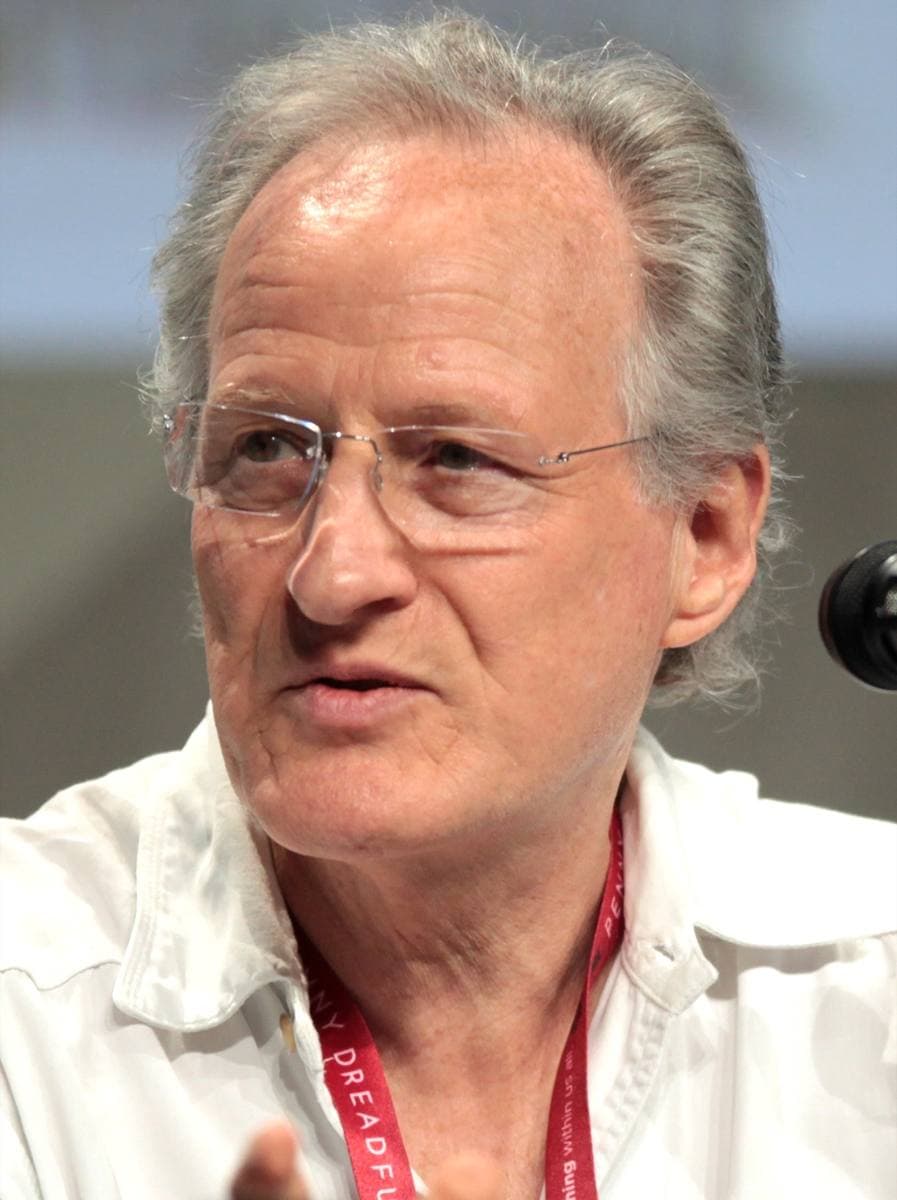 Michael Mann, grey-haired in rimless glasses, speaking at a panel