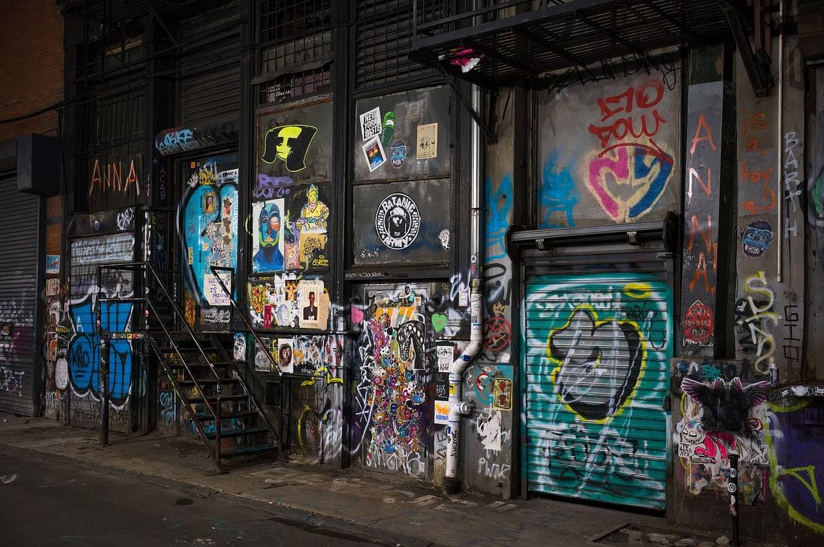 A narrow alley of iron fire escapes and graffiti-covered doors