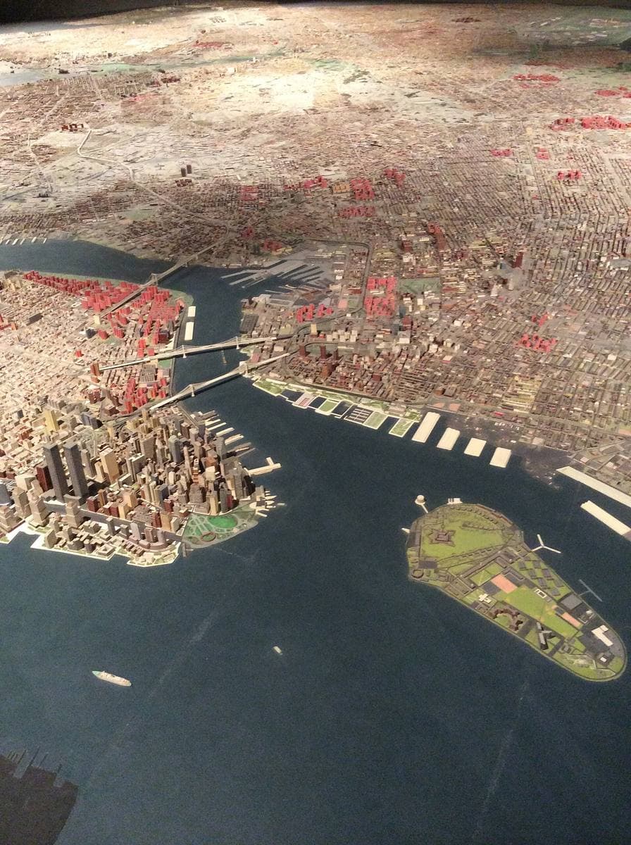 A scale model of Lower Manhattan and the harbour seen from above