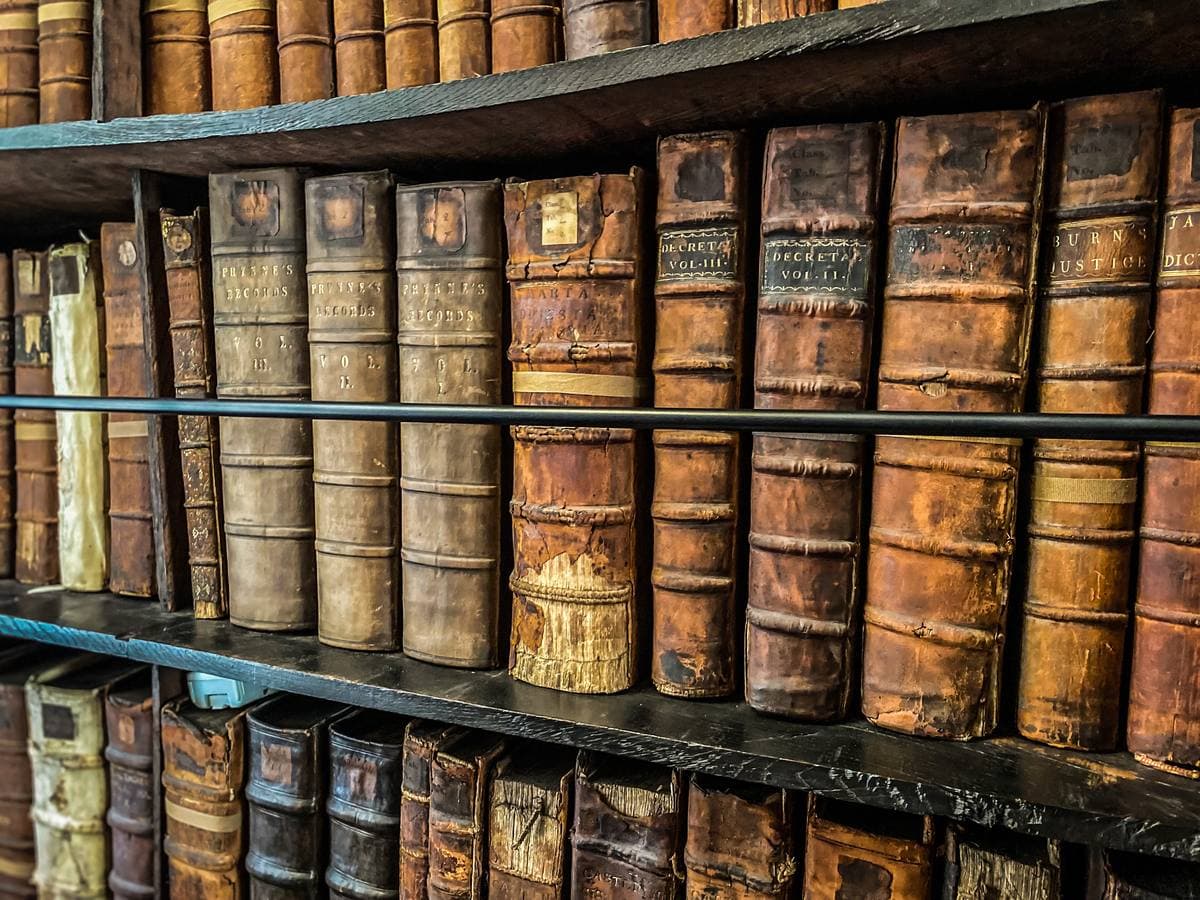 Rows of old brown leather book spines on dark wooden shelves