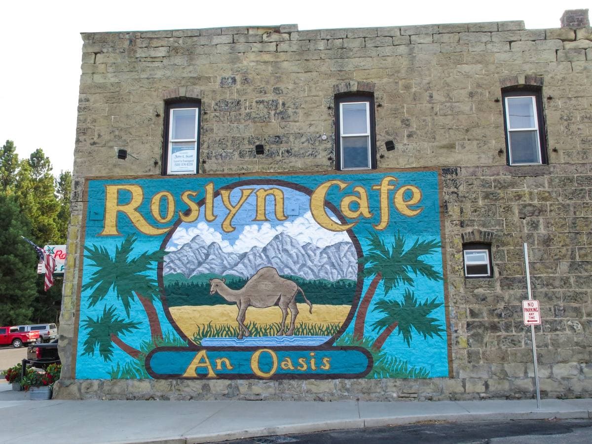 A painted camel among palms under snowy mountains, framed by the words Roslyn Cafe and An Oasis, on a sandstone wall