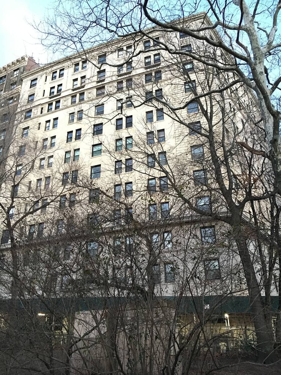 A pre-war apartment tower of pale brick and stone rising behind bare winter trees