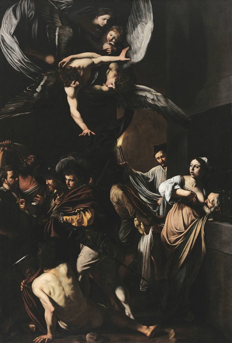 Caravaggio’s crowded night street scene with an angel and the Madonna above figures performing acts of mercy