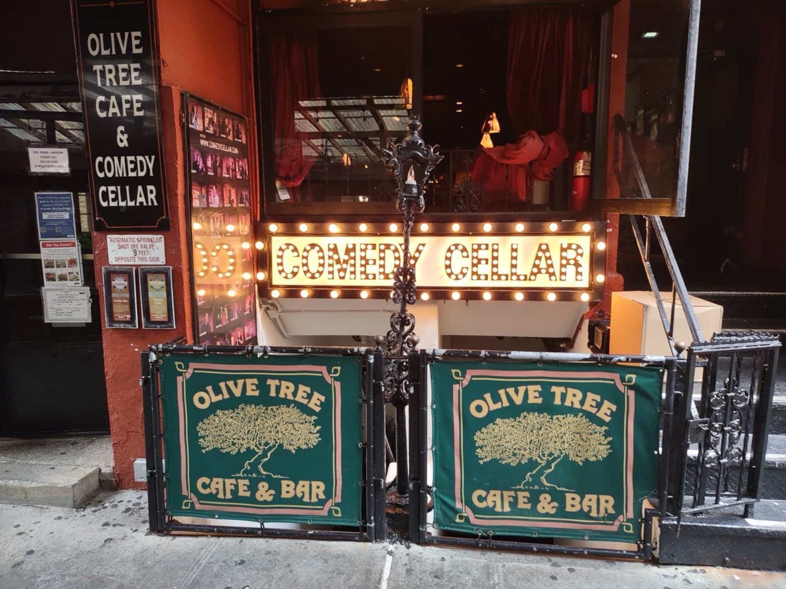 Steps down to the Comedy Cellar's basement door under its sign on MacDougal Street