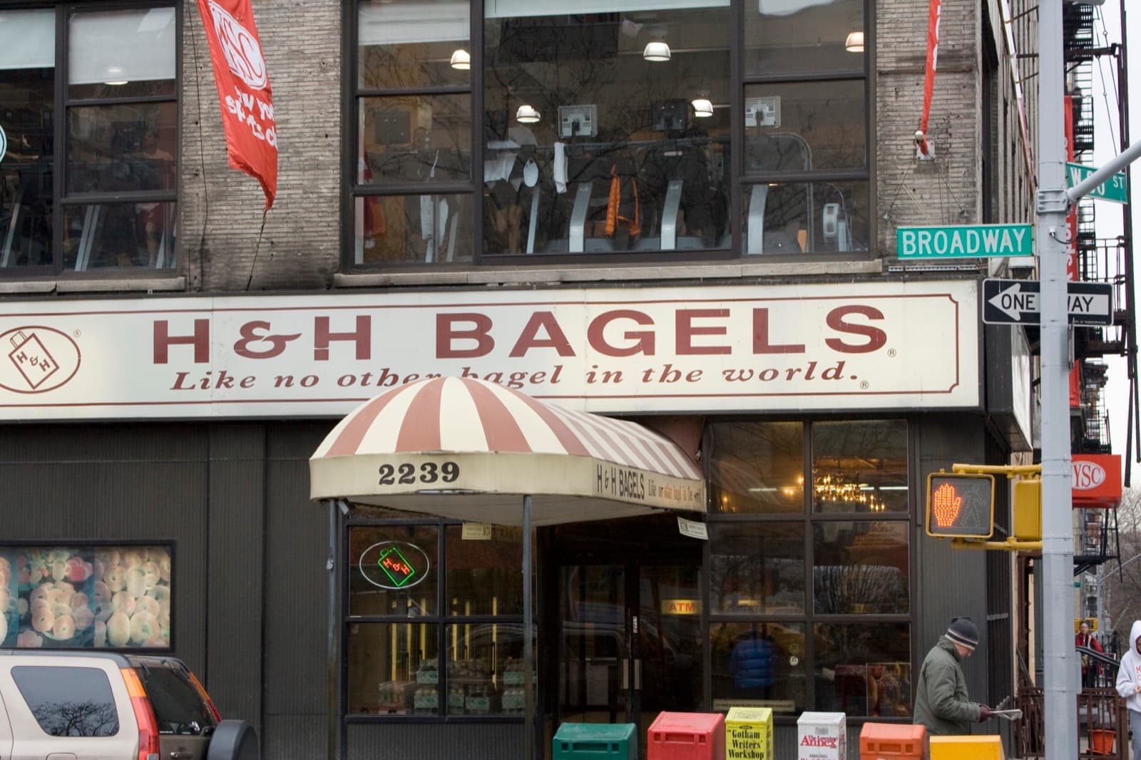 The H&H Bagels shopfront on Broadway with its sign over the window