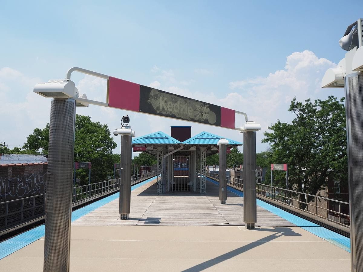 An elevated station platform with canopy and station sign