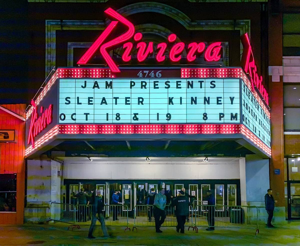 The Riviera Theatre's lit marquee at night