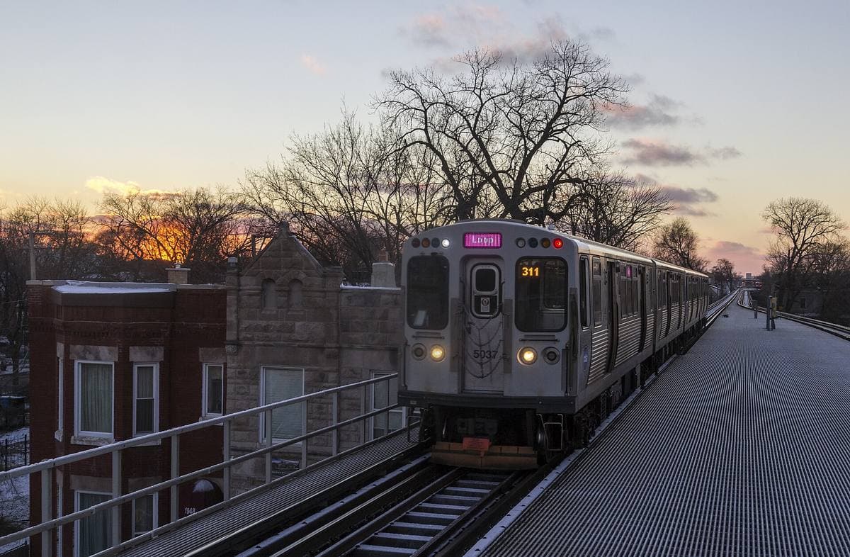 A Pink Line train running past brick houses at sunset