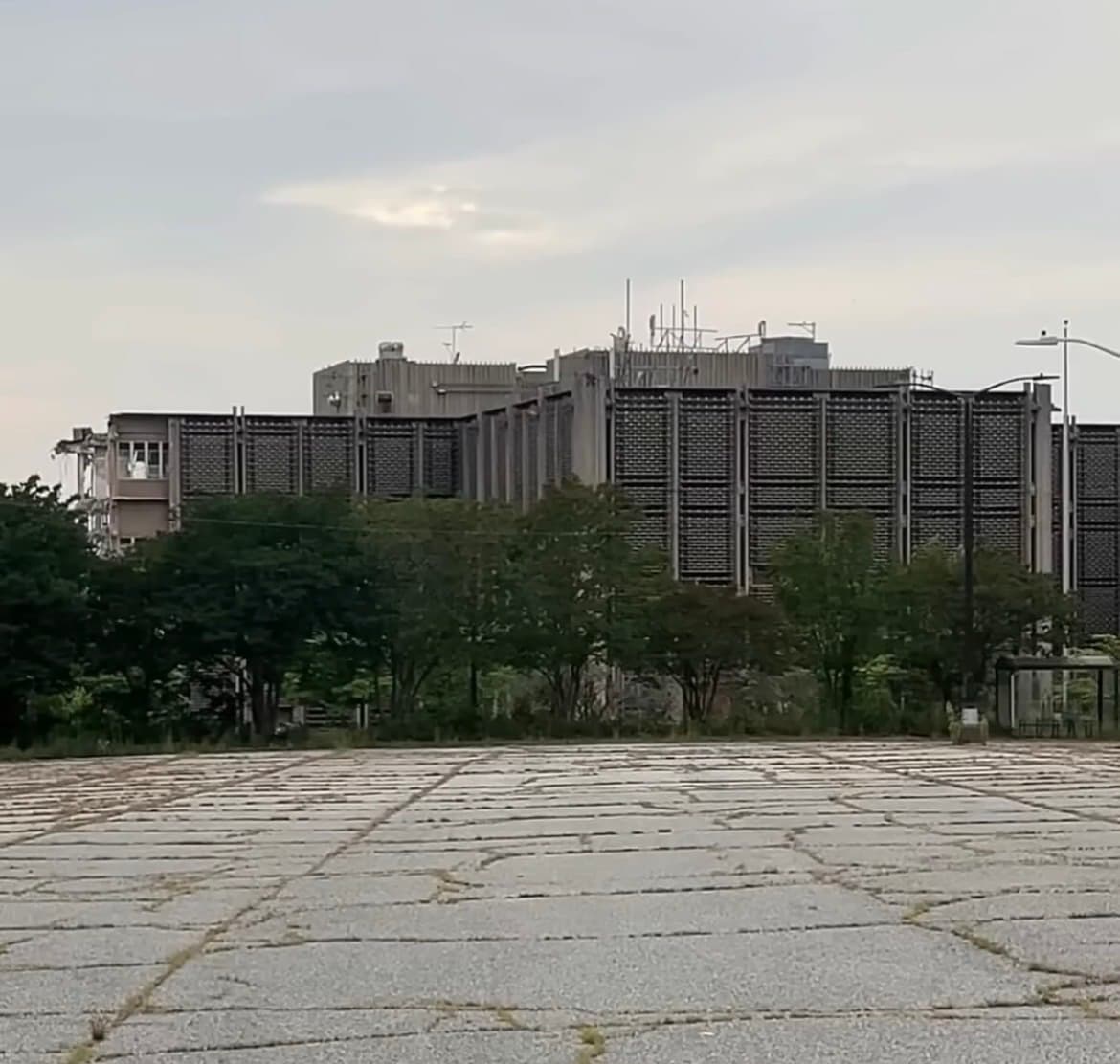 A grey concrete institutional block behind trees and an empty cracked car park