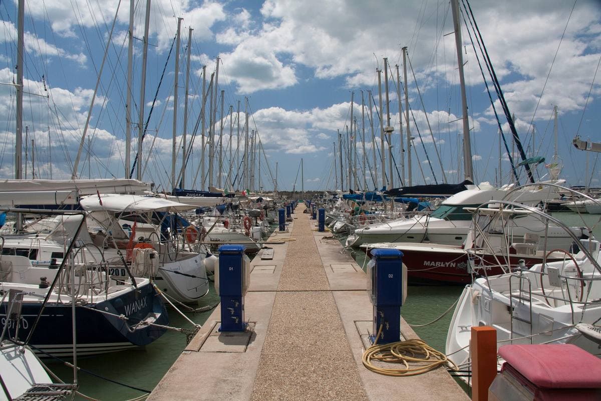 Rows of moored yachts in a marina under a blue sky