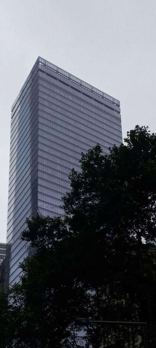 7 World Trade Center, a grey glass tower, behind summer trees