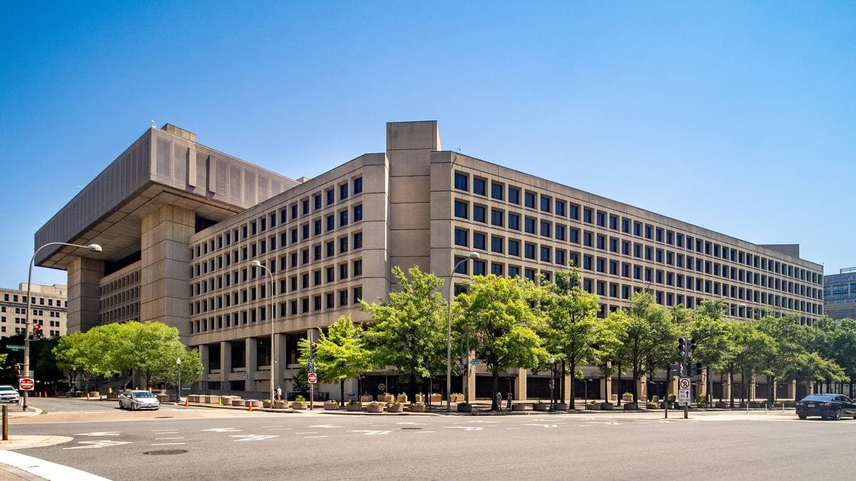 A massive concrete Brutalist office block