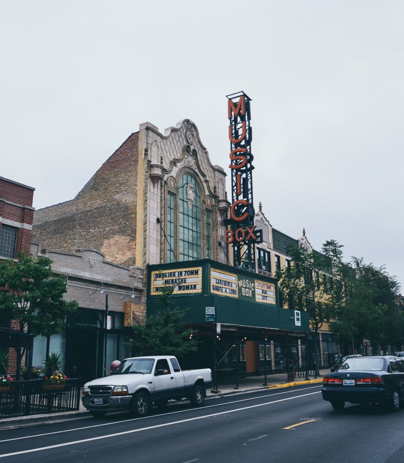 The front of the Music Box Theatre with its marquee over the pavement