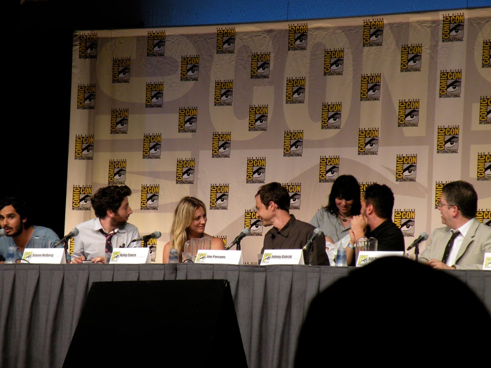 Seven people along a panel table in front of a Comic-Con backdrop