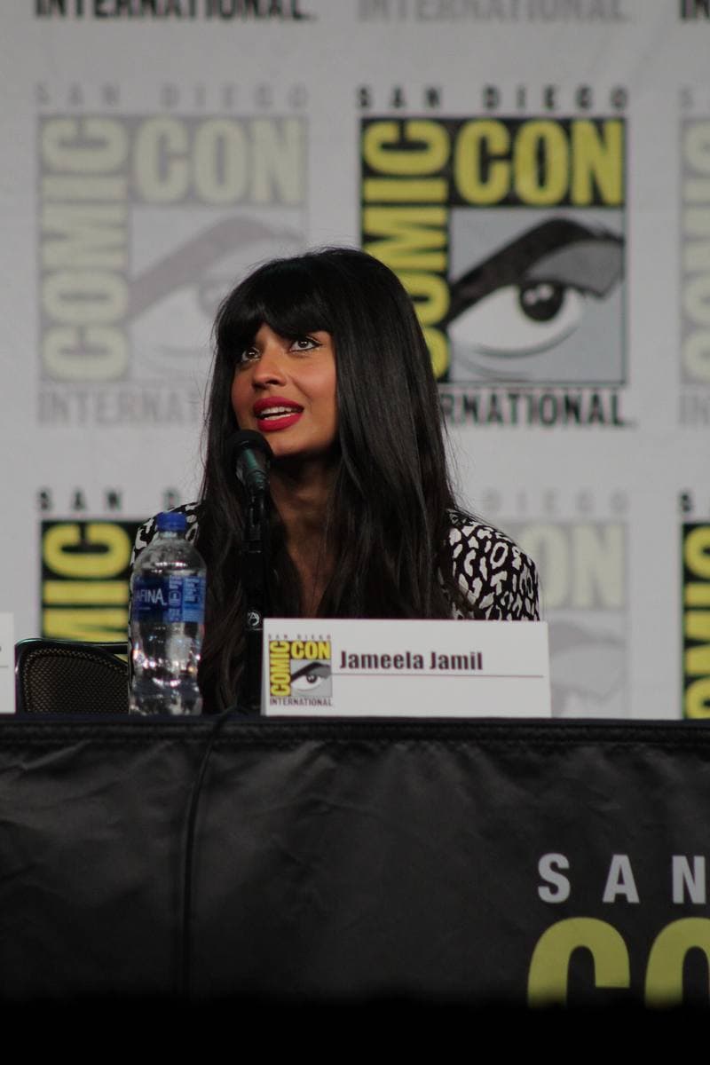 Jameela Jamil speaking at a panel