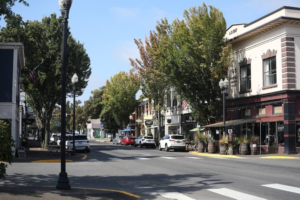 A tree-lined main street of low brick and stucco shopfronts under a blue sky