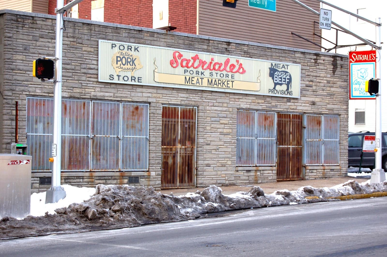 A shopfront painted as Satriale’s Pork Store on a Kearny street