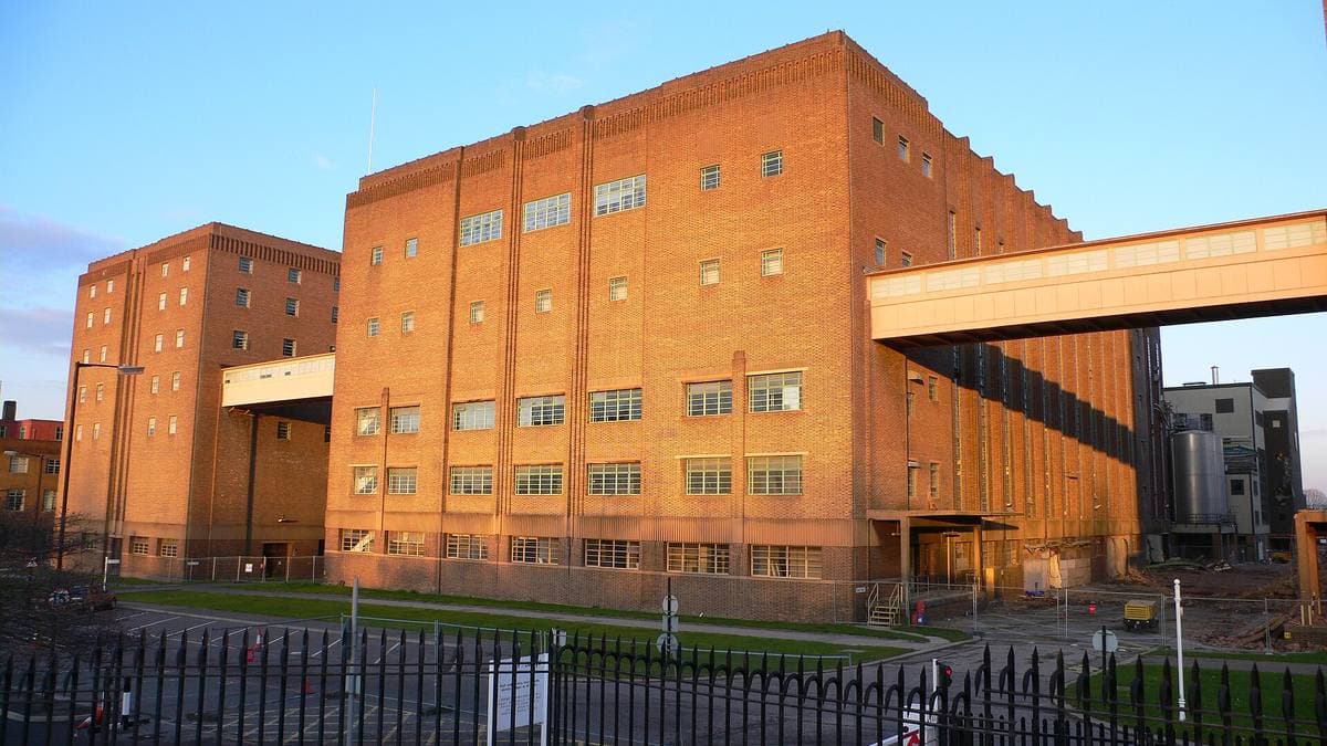 A tall brick brewery block with a high glazed bridge, half demolished, in low winter sun