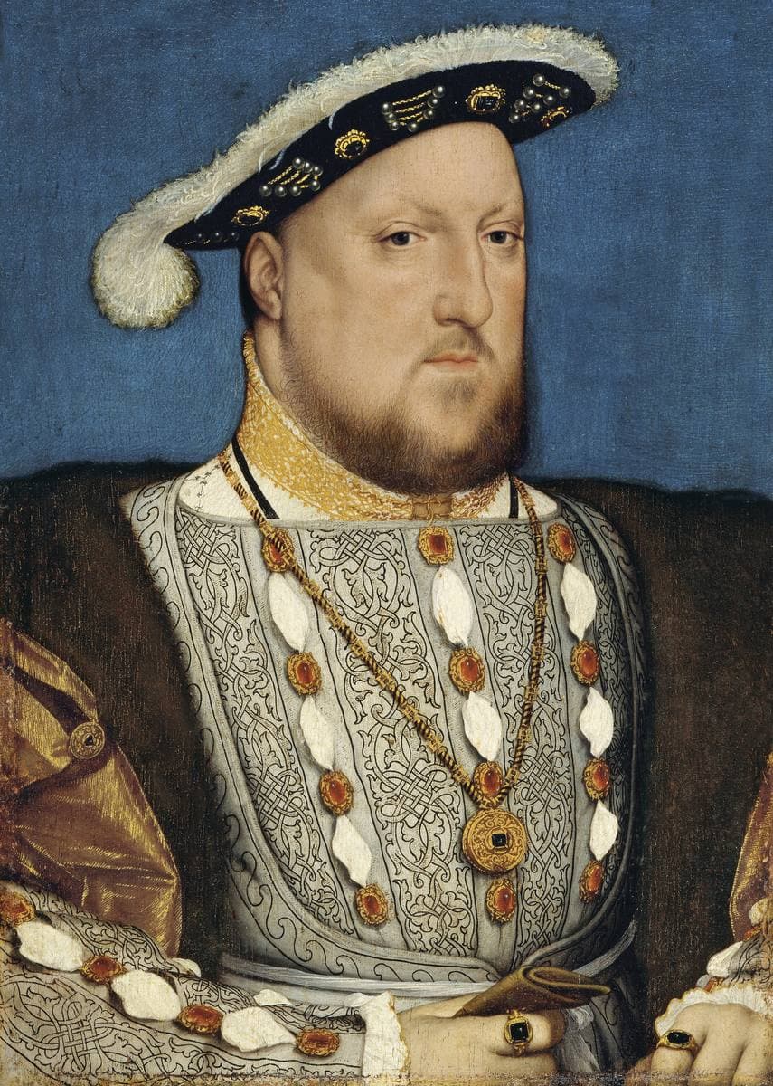 A small panel portrait of Henry VIII in a plumed black cap and jewelled doublet against a blue ground