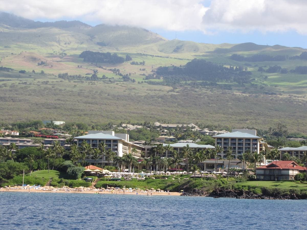 A pale resort among palms above a beach, the green slopes of Haleakalā rising behind