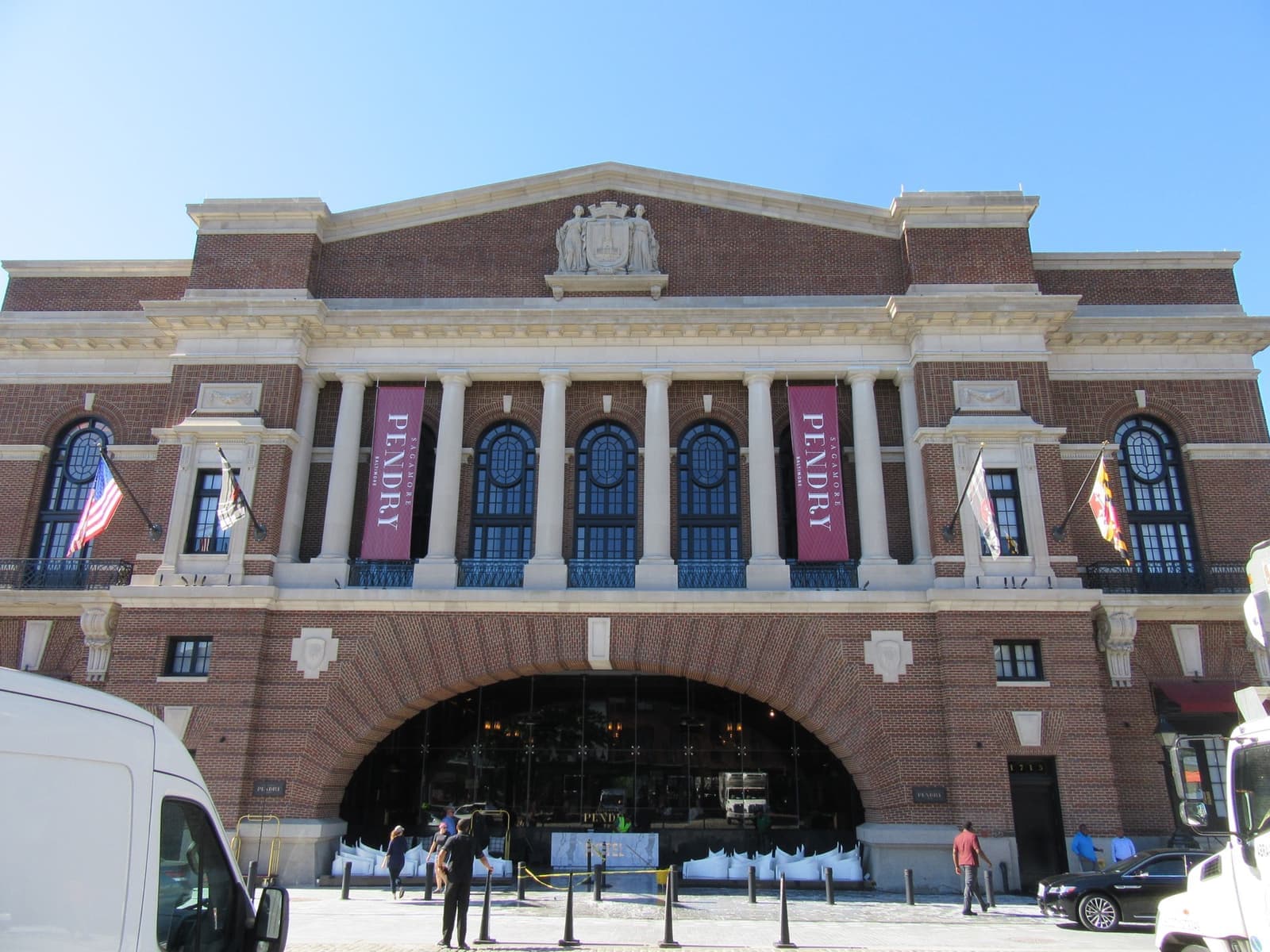 The long stone Recreation Pier building on the Fells Point waterfront
